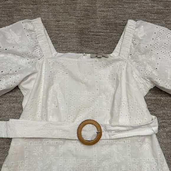 Ann Taylor Loft Dress Women 12 White Eyelet Lace Belted Puff Sleeve Resort Beach - Picture 2 of 15